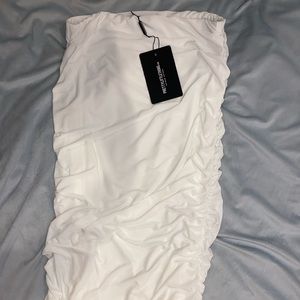 PLT White Slinky Ruched Midi Skirt